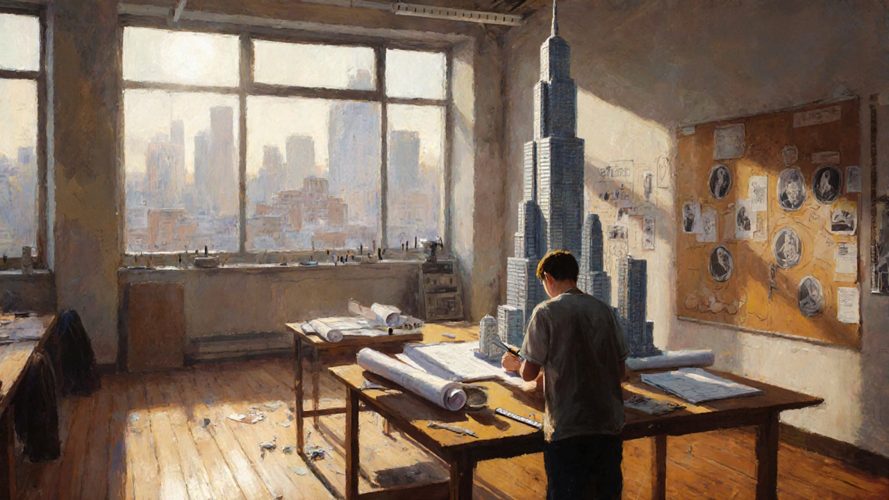 Architecture studio with a student drawing a building model in sunrise light.