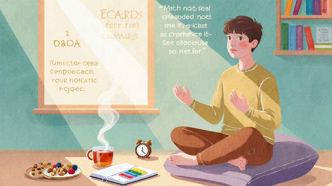 Calm study nook with Pomodoro timer, tea, and a person meditating.