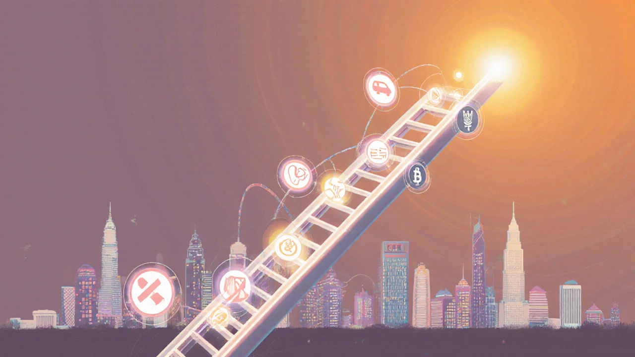 Civil servant climbing a skill‑based ladder toward a bright city skyline.
