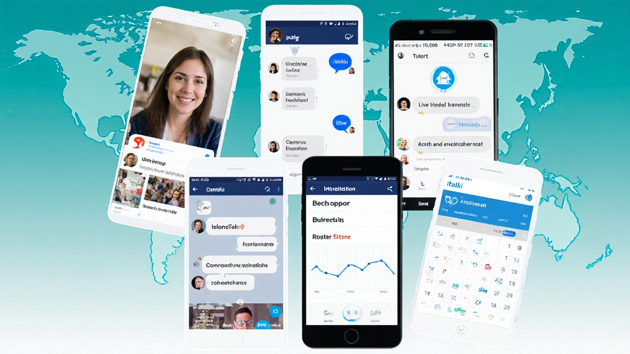 Collage of six app screens showing live video, chat, streak badge, community correction, AI waveform, and calendar.