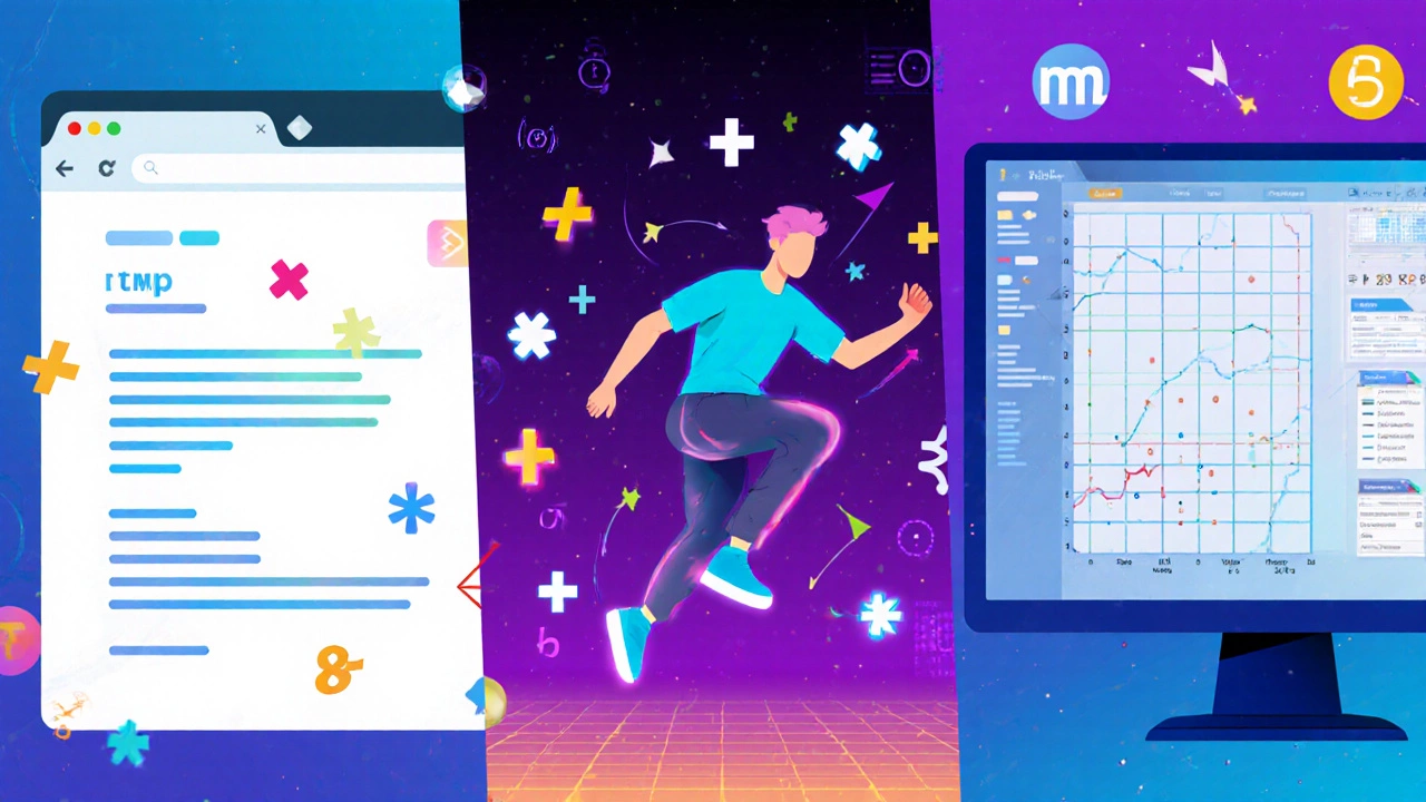 Collage of web dev, game dev, and data science scenes with matching math symbols.