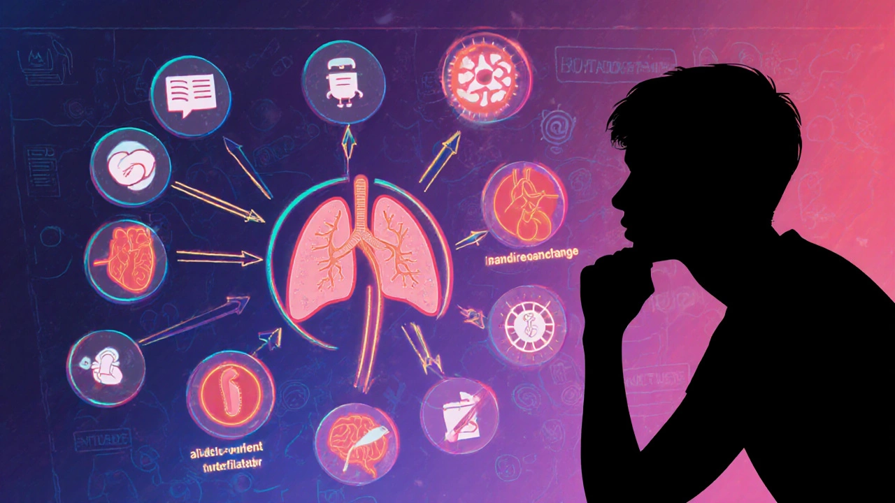 Conceptual map of human physiology showing organs and glowing arrows with terminology icons.