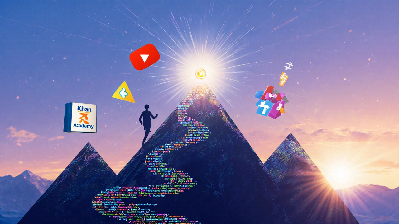 Figure climbing a code‑shaped mountain, passing floating learning icons toward a glowing summit.