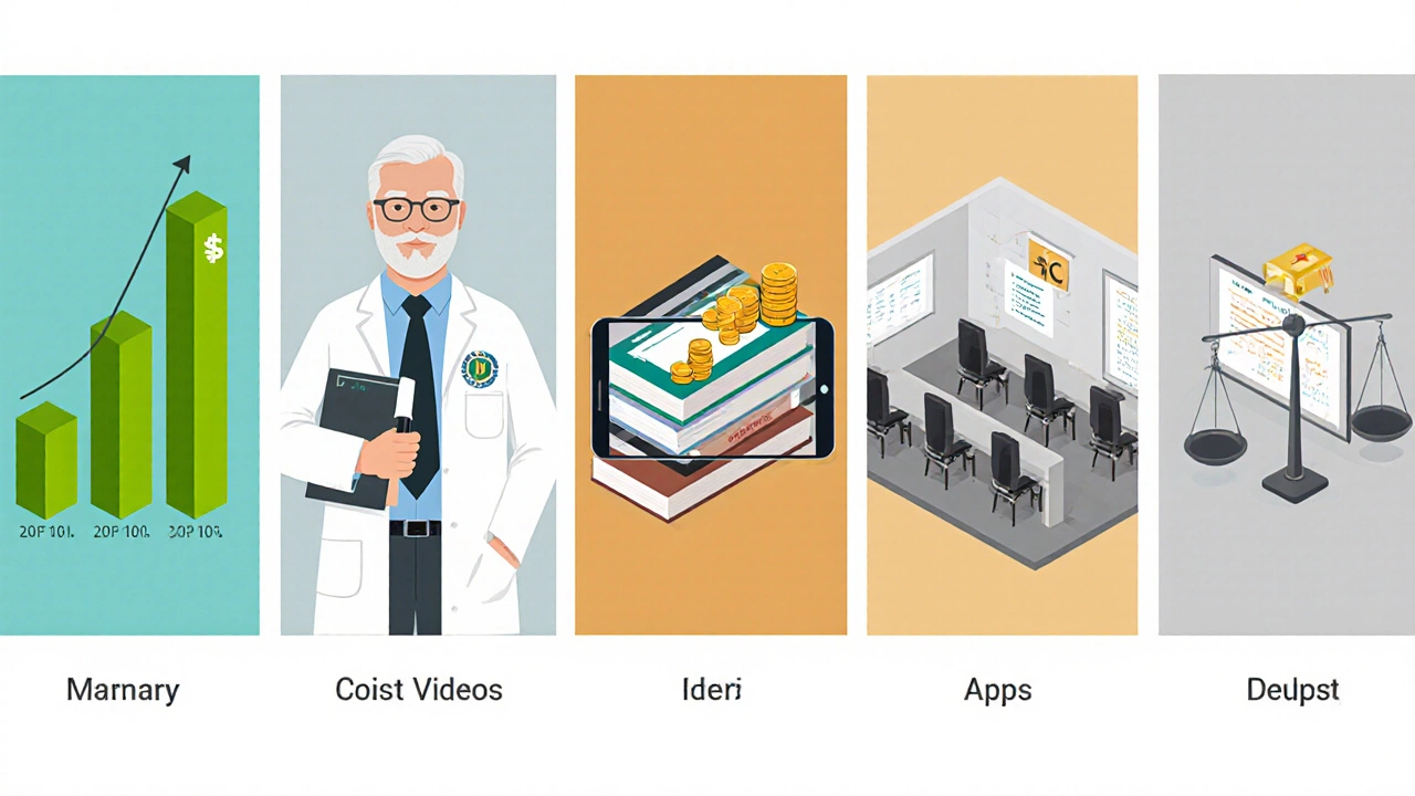 Five illustrated panels showing success chart, professor, textbooks, digital classroom, and cost scale.
