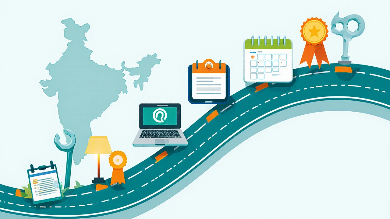 Flat illustration of a 5‑step roadmap with tools representing each certification step.