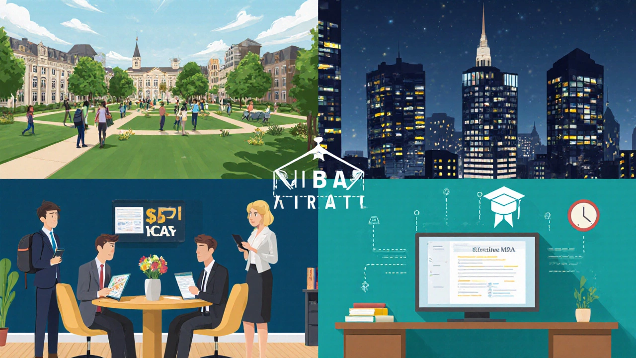 Four-panel illustration showing campus, evening class, executive boardroom, and home office for MBA formats.