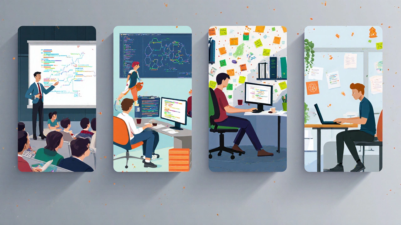 Four panels showing university, bootcamp, self‑learning, and apprenticeship routes into coding.