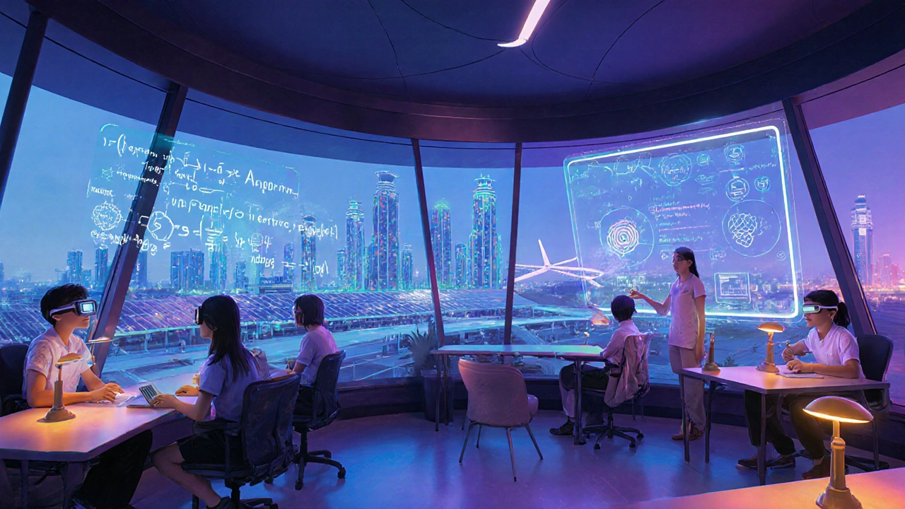 Futuristic Bangalore study pod with AR glasses and holographic problem solving.
