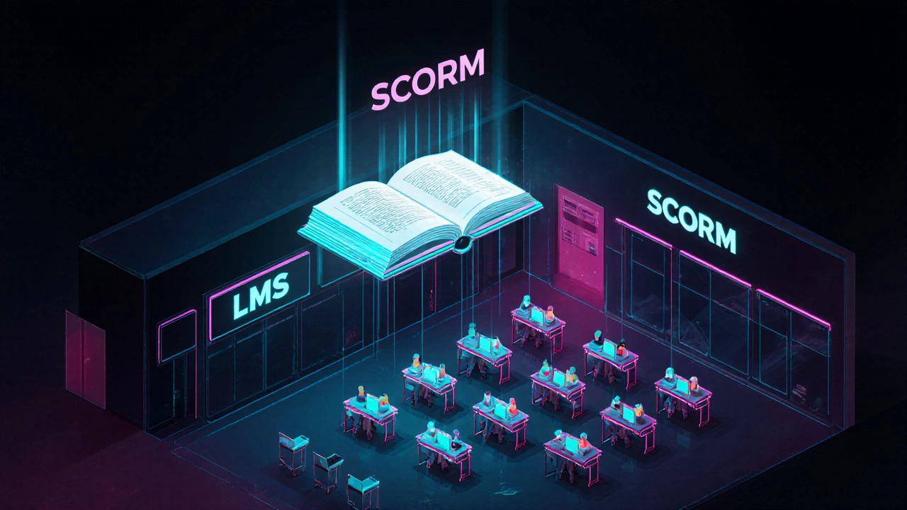 Futuristic classroom with an LMS building and a glowing SCORM textbook sharing content.