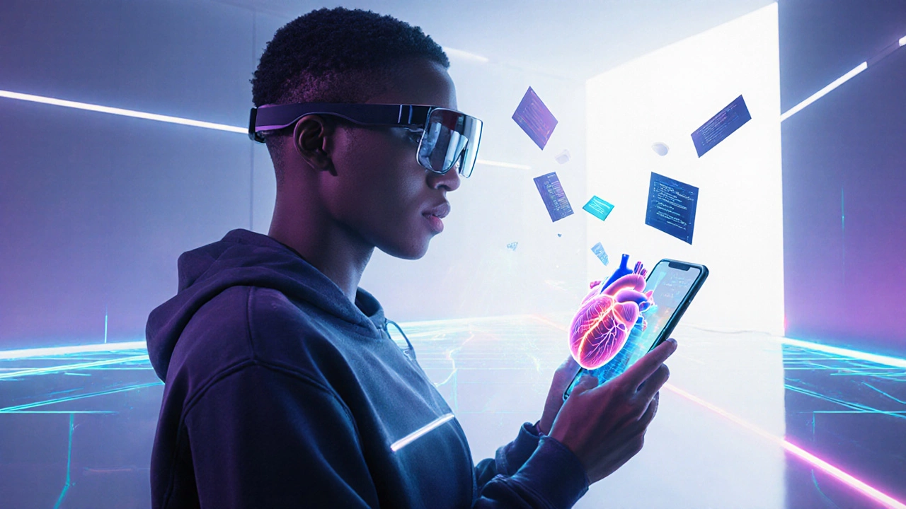 Futuristic scene with AR glasses, holographic 3D model and AI micro‑learning from a phone.