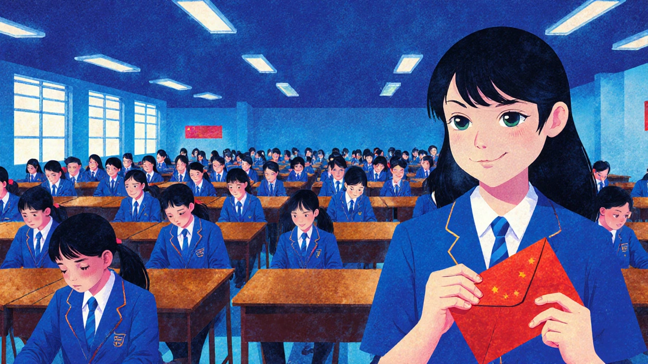 Gaokao exam hall filled with students, one holding a red envelope.