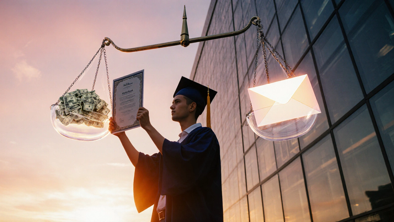 Graduate holding a certificate with a scale balancing money and a job offer at sunrise.