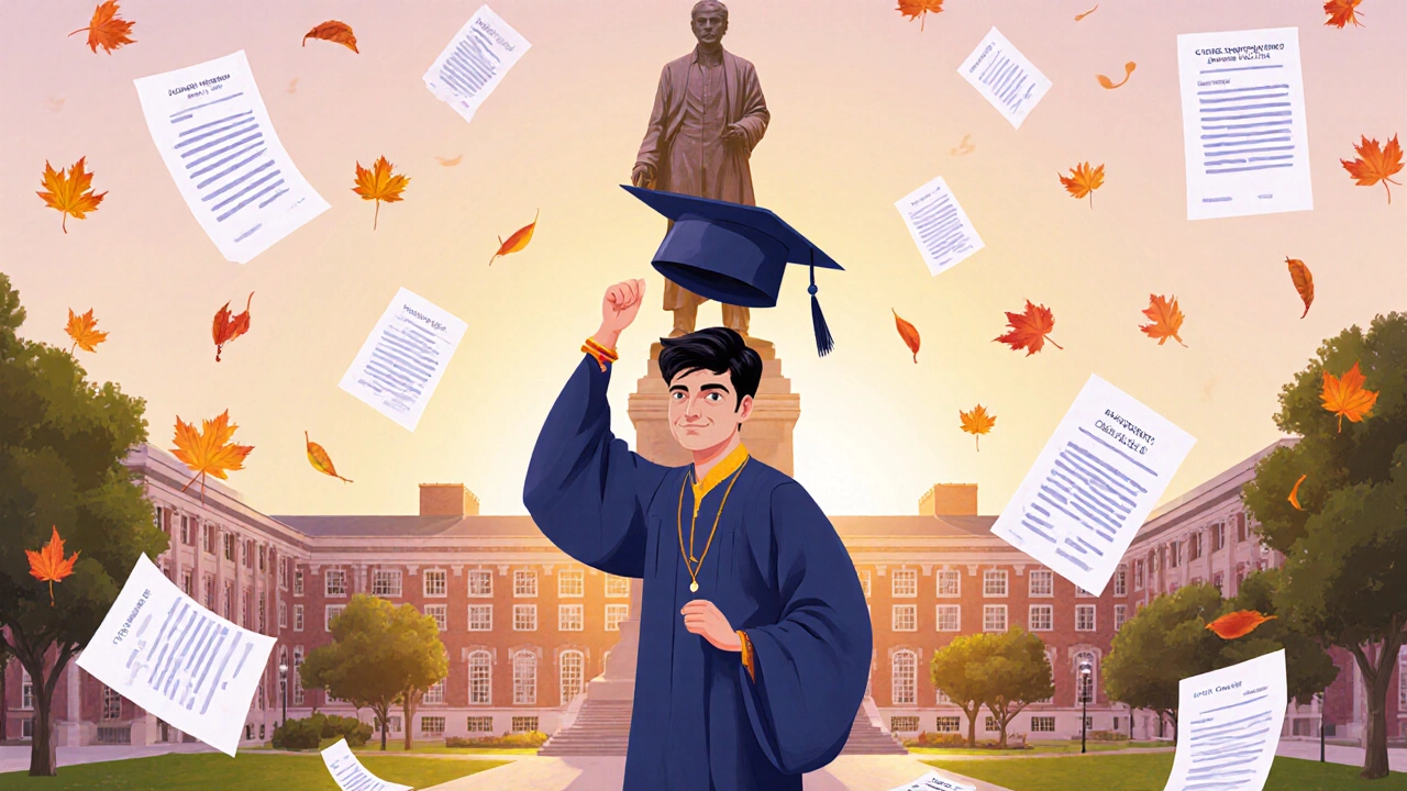 Graduate holding cap before Harvard statue, with floating financial aid documents.