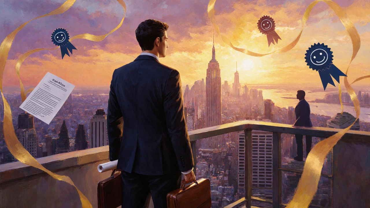 Graduate on balcony with diploma and briefcase, city skyline at sunset, hinting at ROI.