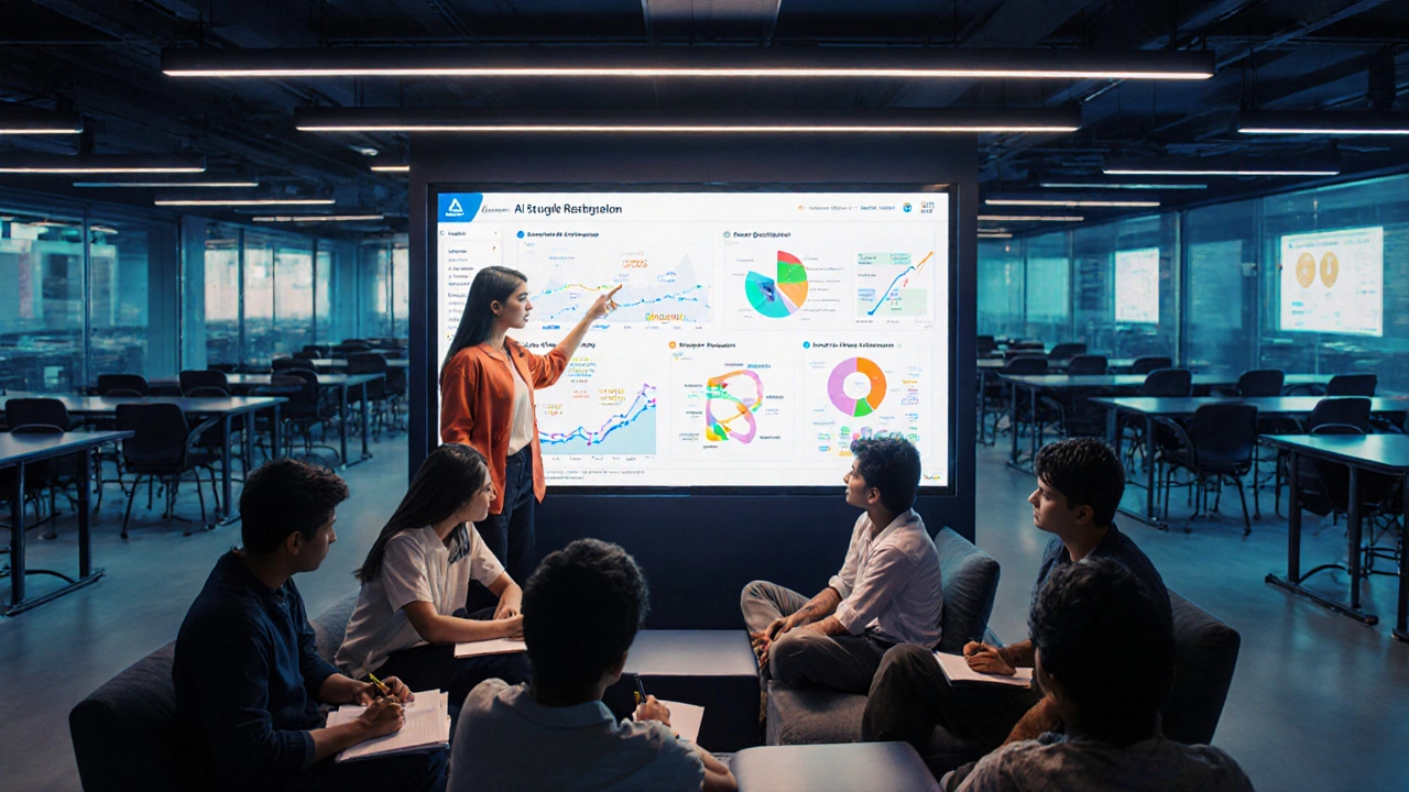 Group of students with mentor reviewing AI analytics on a large screen in a modern study hub.