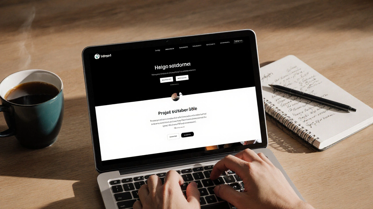Hand typing on a keyboard beside a simple website displayed on a tablet.