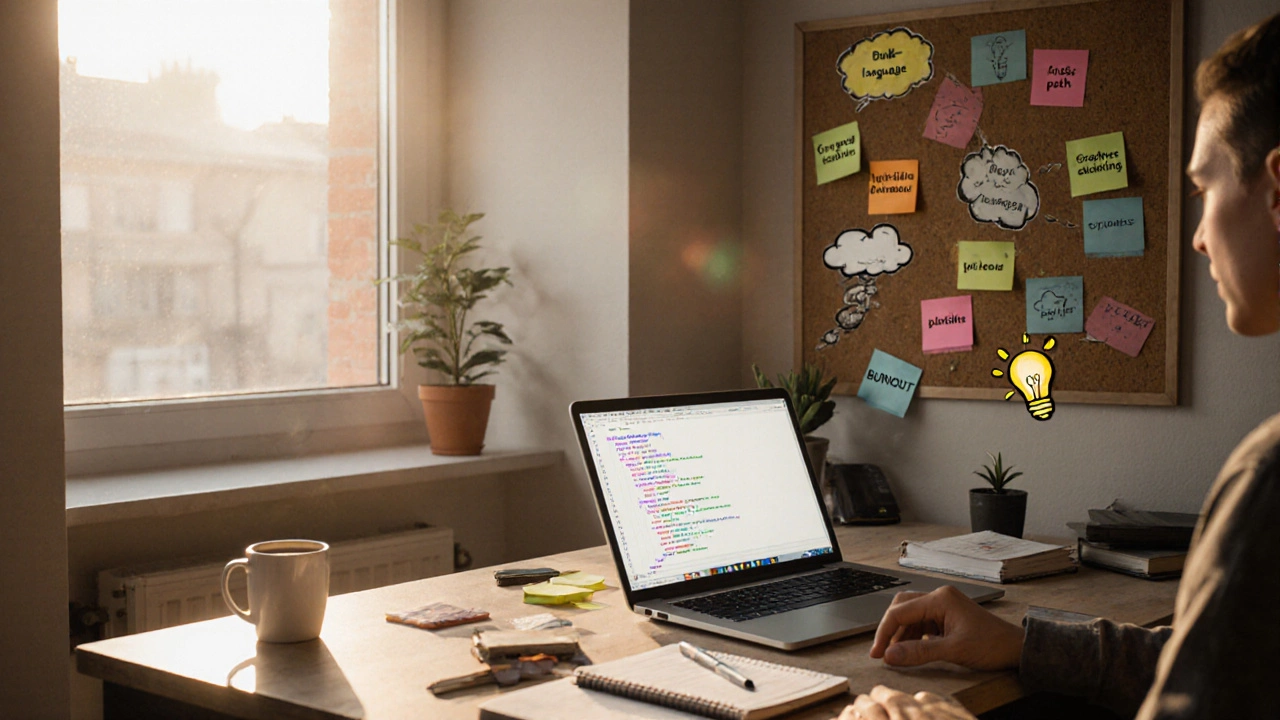 Home office scene with laptop, notebook, checklist notes, and visual cues of pros and cons.