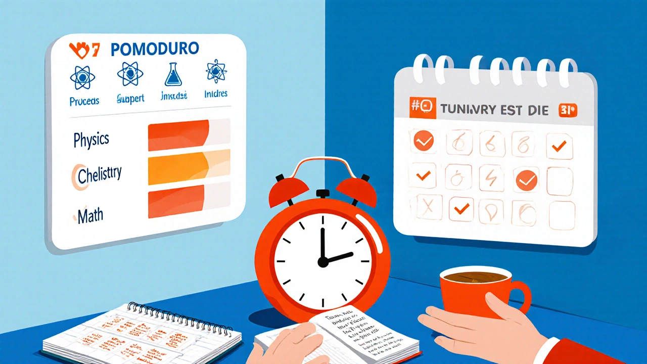 Illustration of a student using a Pomodoro timer, progress chart, and mock test calendar.
