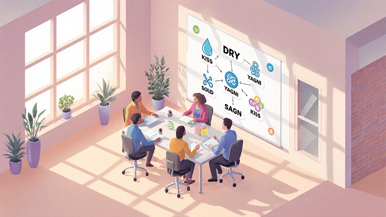 Isometric office with whiteboard showing DRY, KISS, YAGNI, SOLID, Clean Code icons and team discussion.