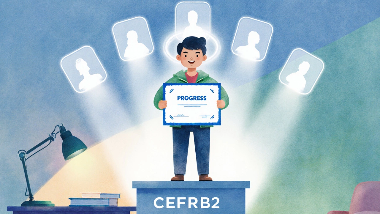 Learner on podium holding certificate with faint app icons behind, in a watercolor style.