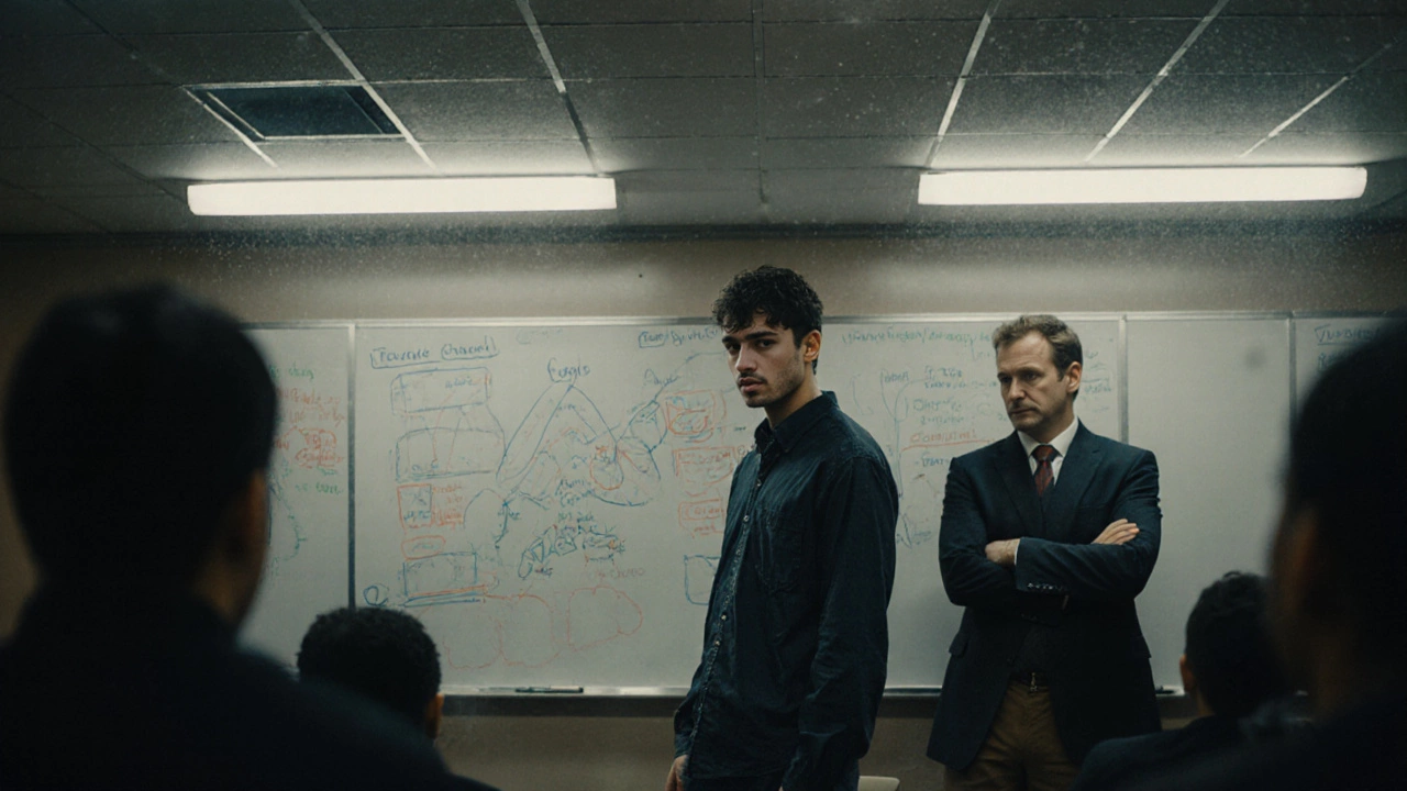 MIT Sloan student presenting complex data analysis to silent classmates in classroom.