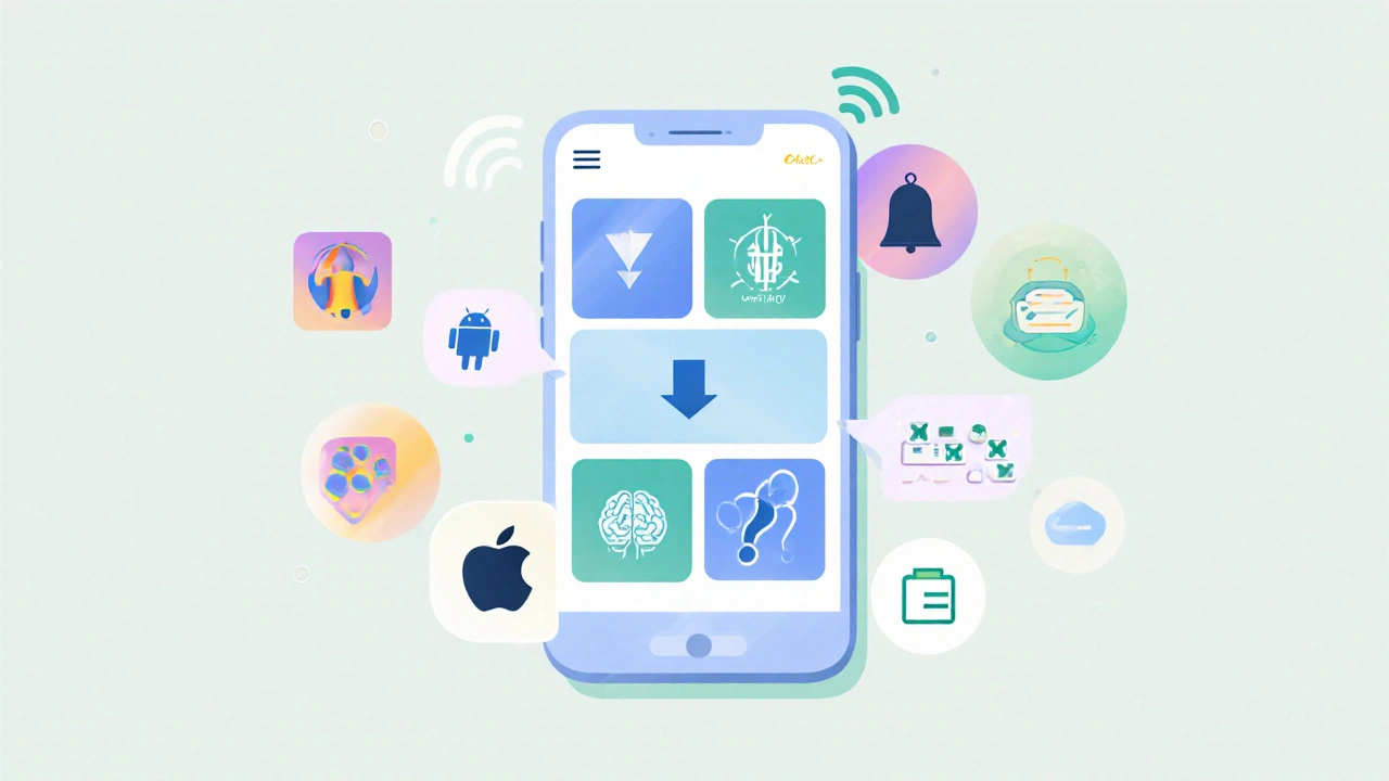 Mobile app UI showing offline download, adaptive learning, notifications, and quiz features.