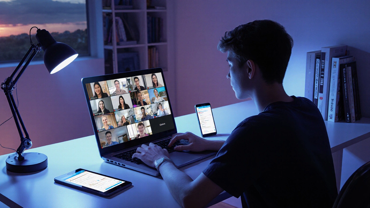 Modern home office with laptop video class, tablet quiz, and phone forum alerts.