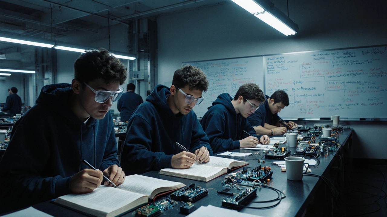 Nighttime engineering lab with students working on circuits and equations.