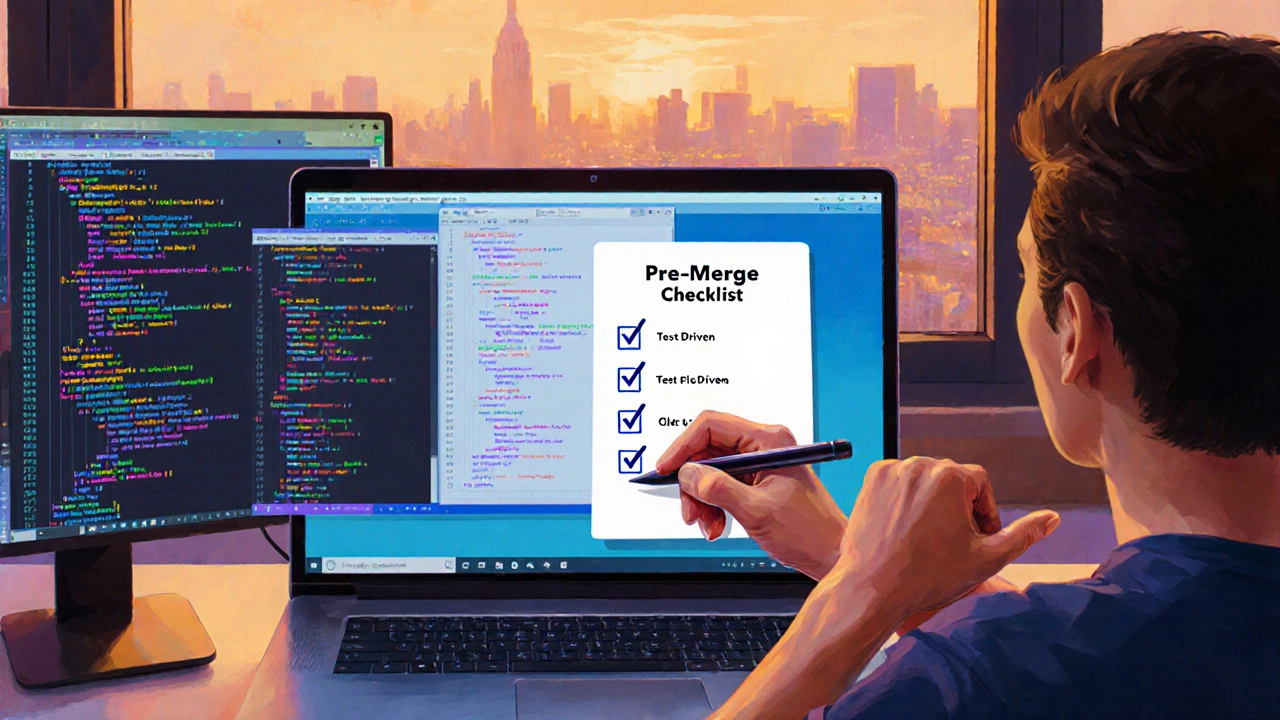 Remote code‑review meeting with laptops, code snippets, and a pre‑merge checklist being examined.