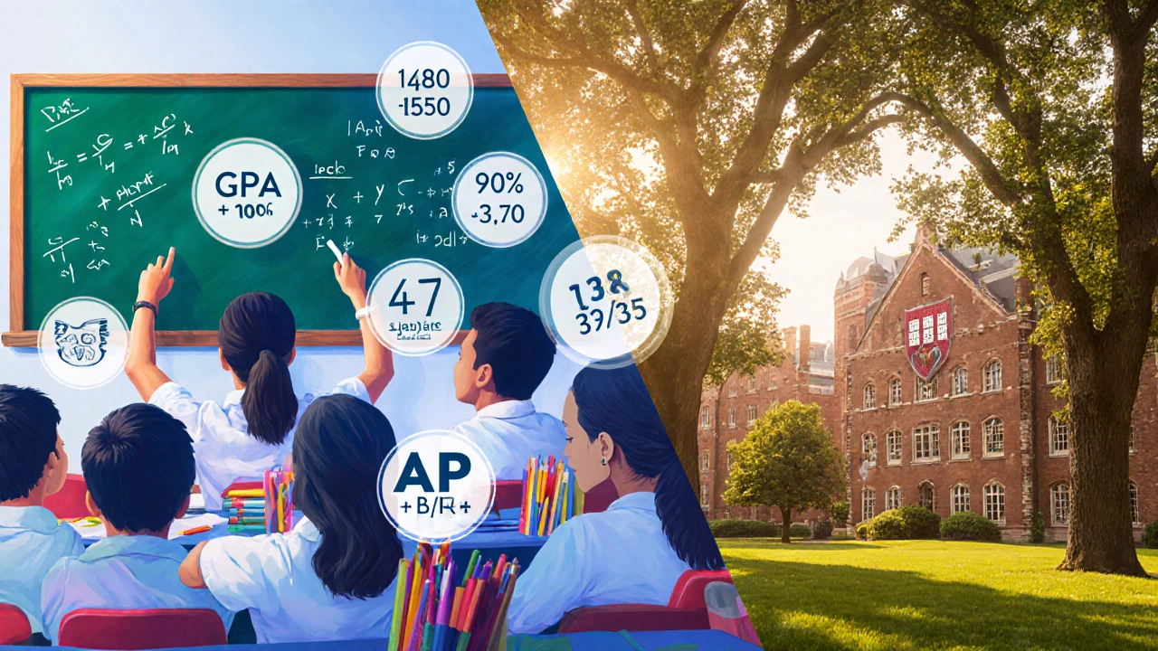 Split illustration of a CBSE classroom and Harvard Yard with GPA and test score symbols.
