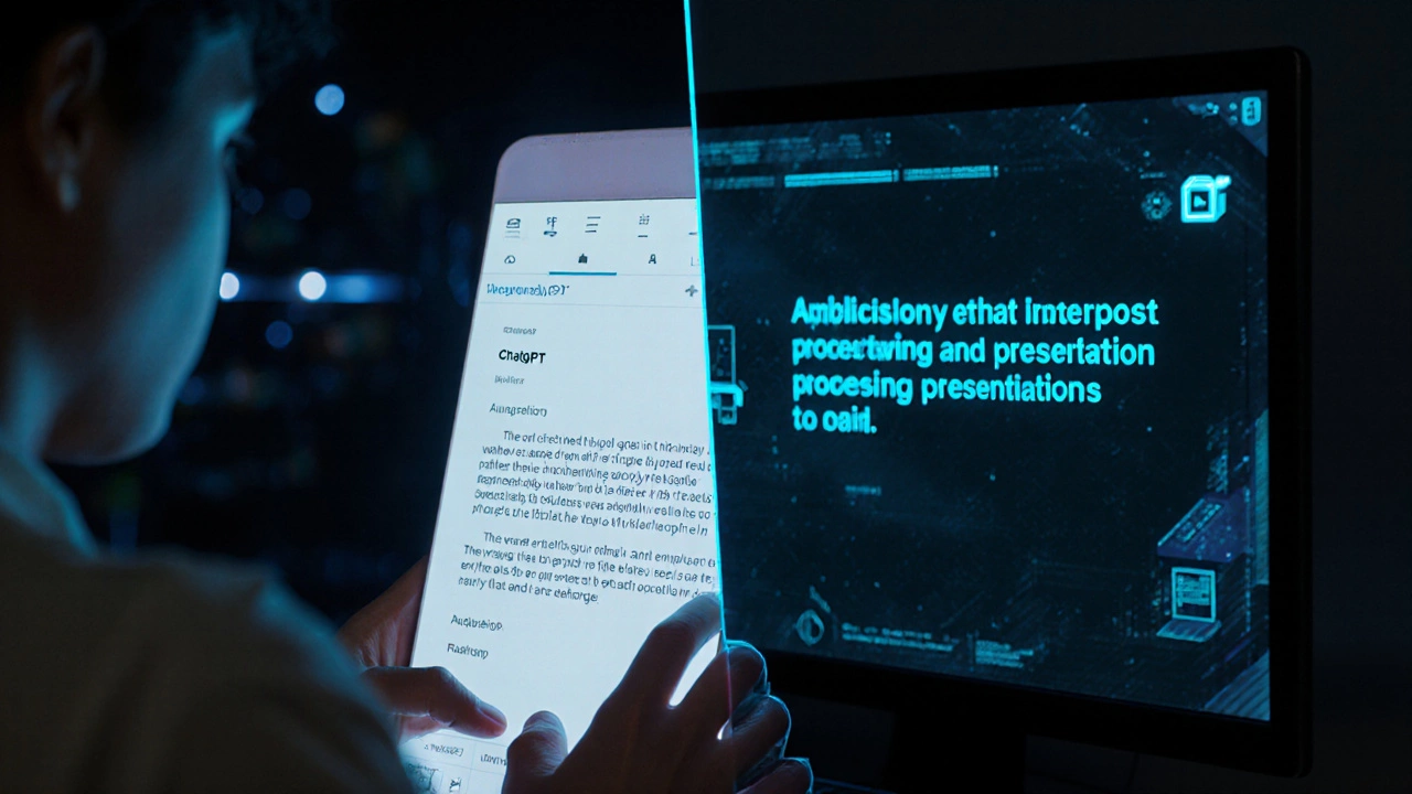 Split-screen of someone using AI to generate an email and presentation.