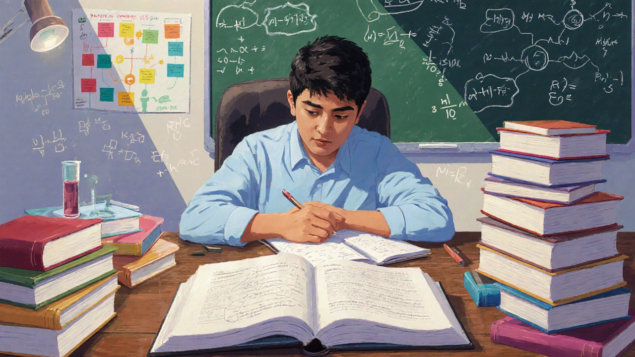 Student at desk studies physics, chemistry and math books with concept maps on the wall.
