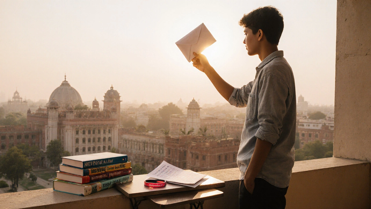 Student holding an envelope with a top rank, standing on a balcony overlooking a campus at sunrise.