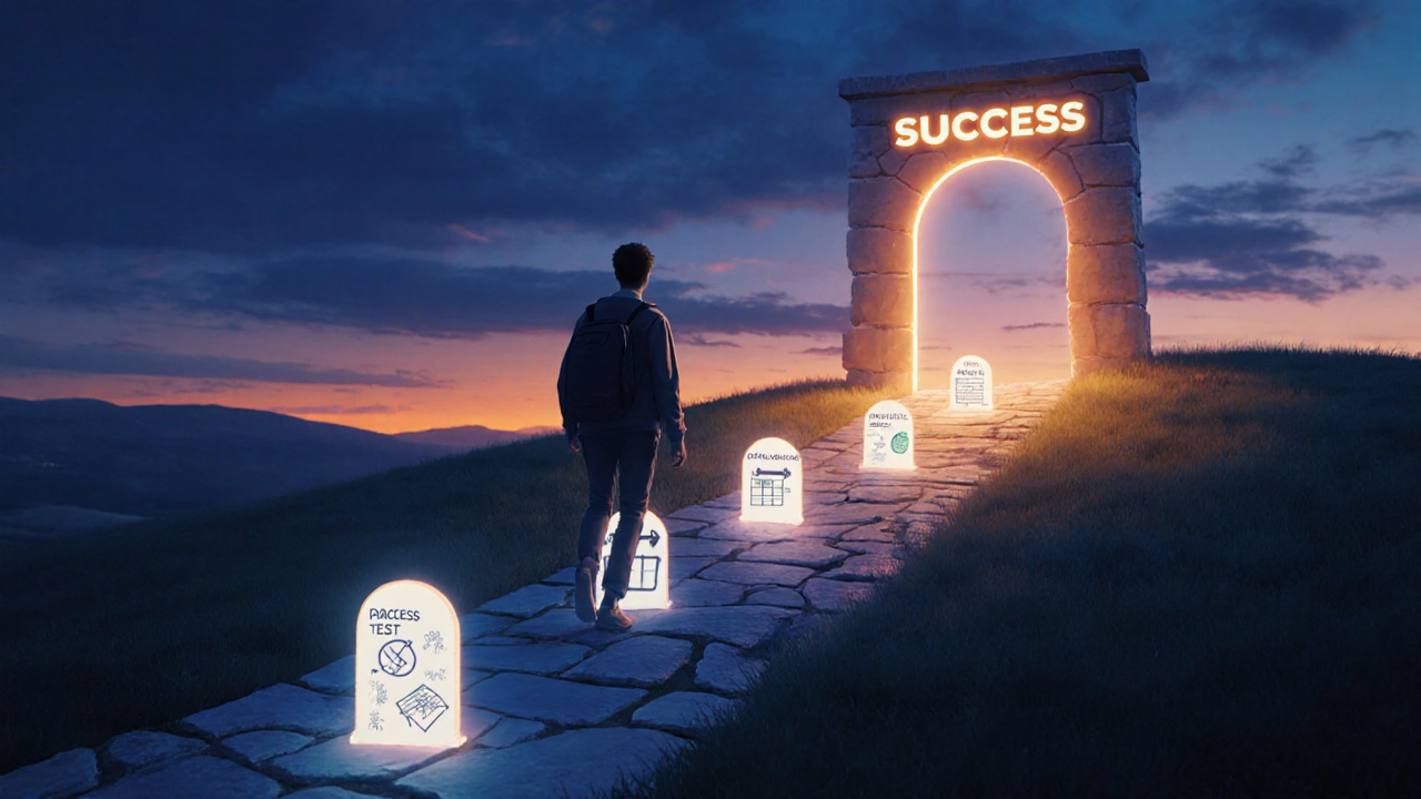 Student walking along a winding path of study milestones toward a glowing doorway.