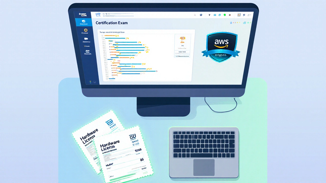 Student workspace showing certification exam, IDE, and receipts for hidden costs.