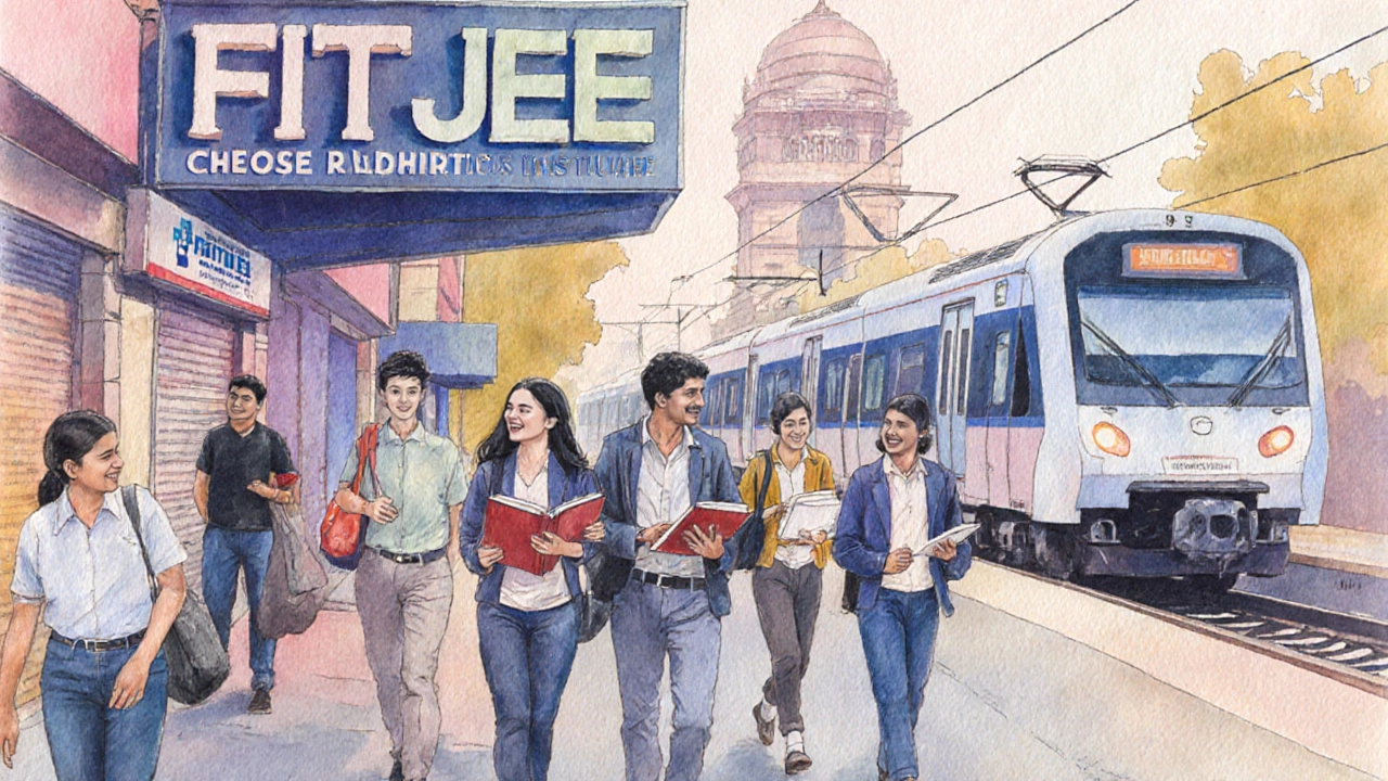 Students walking past a coaching institute and metro in a lively Delhi street.