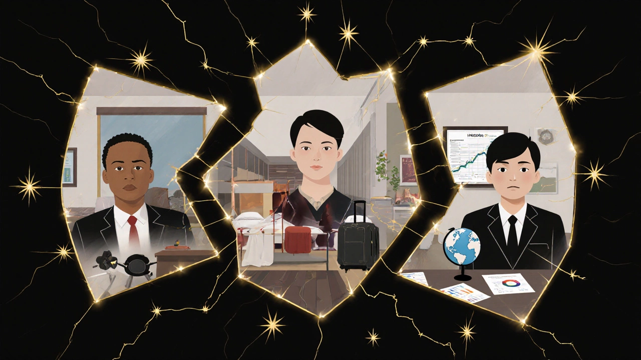 Three faces reflected in fractured mirror, symbolizing intense MBA experiences at top schools.