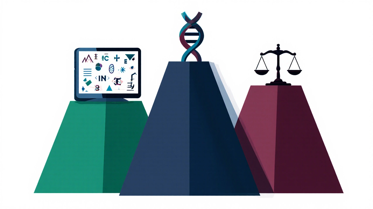 Three stylized exam symbols representing SAT, GRE, and MCAT with related icons.