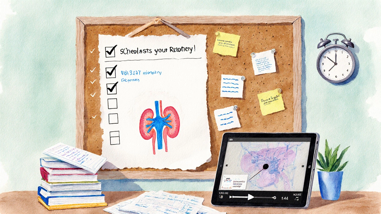 Watercolor workspace with checklist, sticky notes, redrawn nephron diagram, and timer.