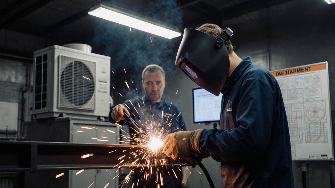 Welding trainee in a workshop with bright sparks and instructor observing.