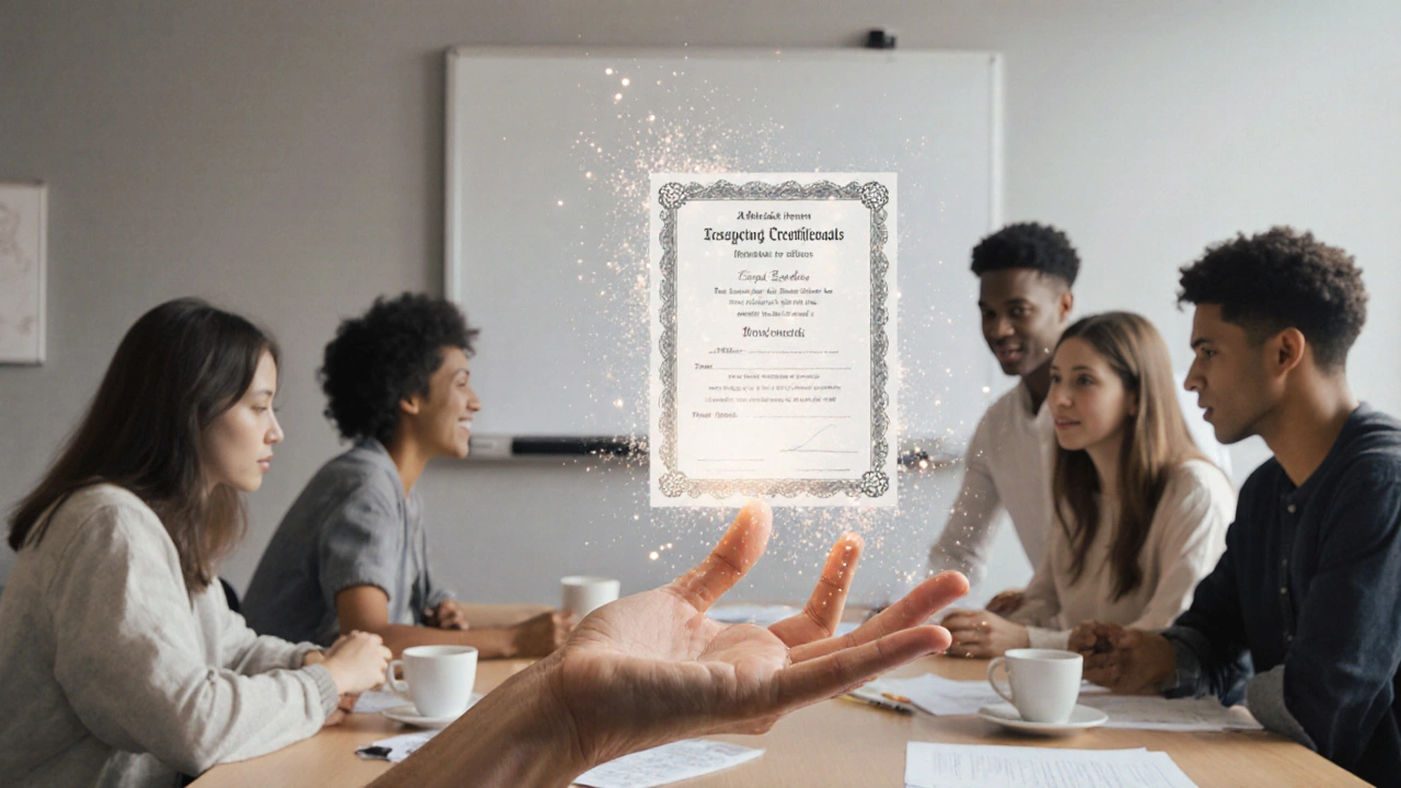 A dissolving certificate above a group of learners working together on real projects.