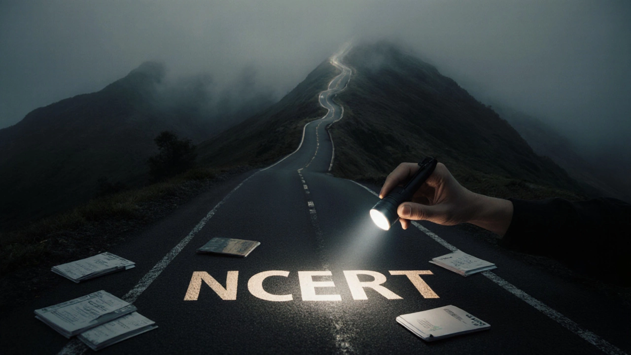 A flashlight illuminates NCERT on a path to NEET, while coaching materials lie abandoned in darkness.