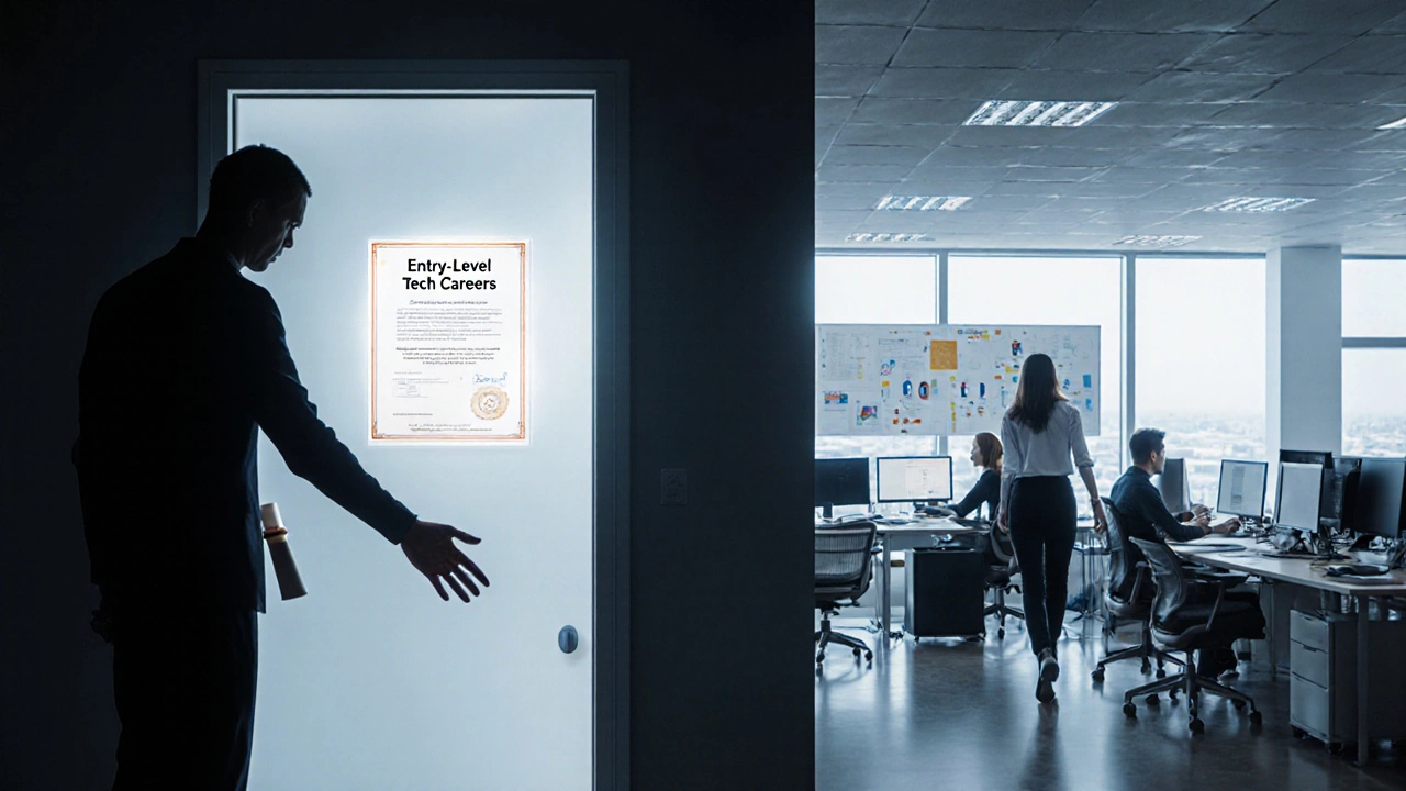 A hand opening a door labeled &#039;Entry-Level Tech Careers&#039; with a glowing certificate leading to a bright office.