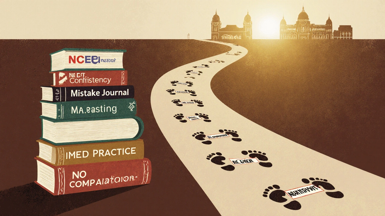 A marathon path made of books symbolizing consistent IIT JEE preparation habits.