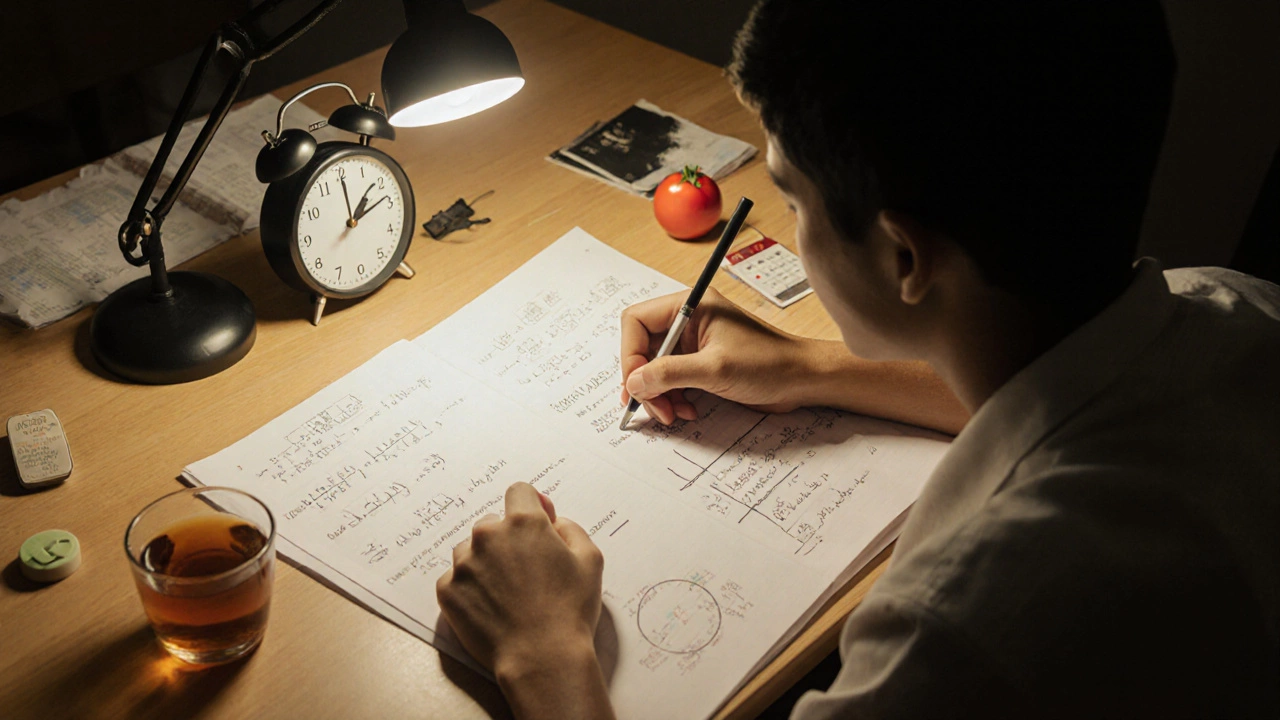 A student solving a physics problem with diagrams under a desk lamp late at night.