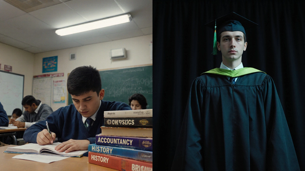 A student taking Class 12 exams transitioning to receiving a Bachelor&#039;s degree.