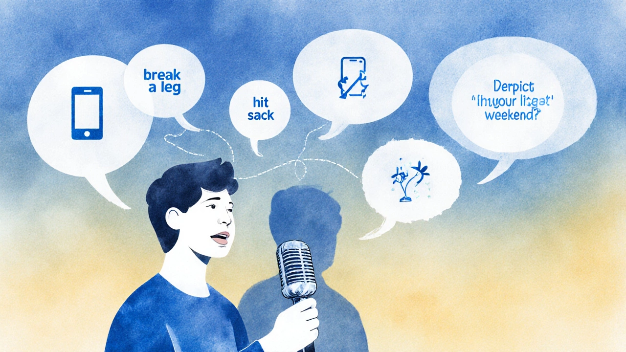 Abstract watercolor illustration of English phrases floating around a speaker with learning tools.
