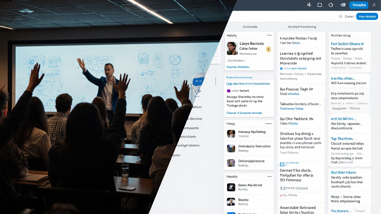 Contrast between a vibrant live online class and an empty, overwhelming e-learning platform interface.