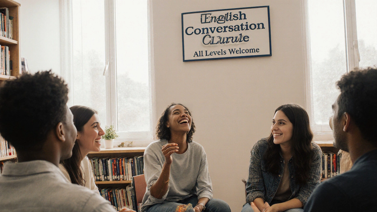 Diverse group having a casual English conversation at a public library meeting.