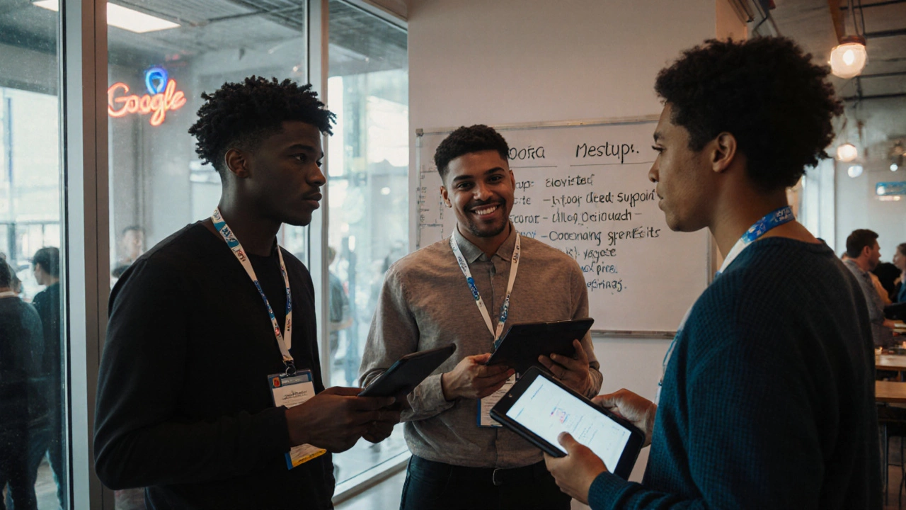 Diverse individuals networking at a tech meetup, holding devices showing Google career certificates.